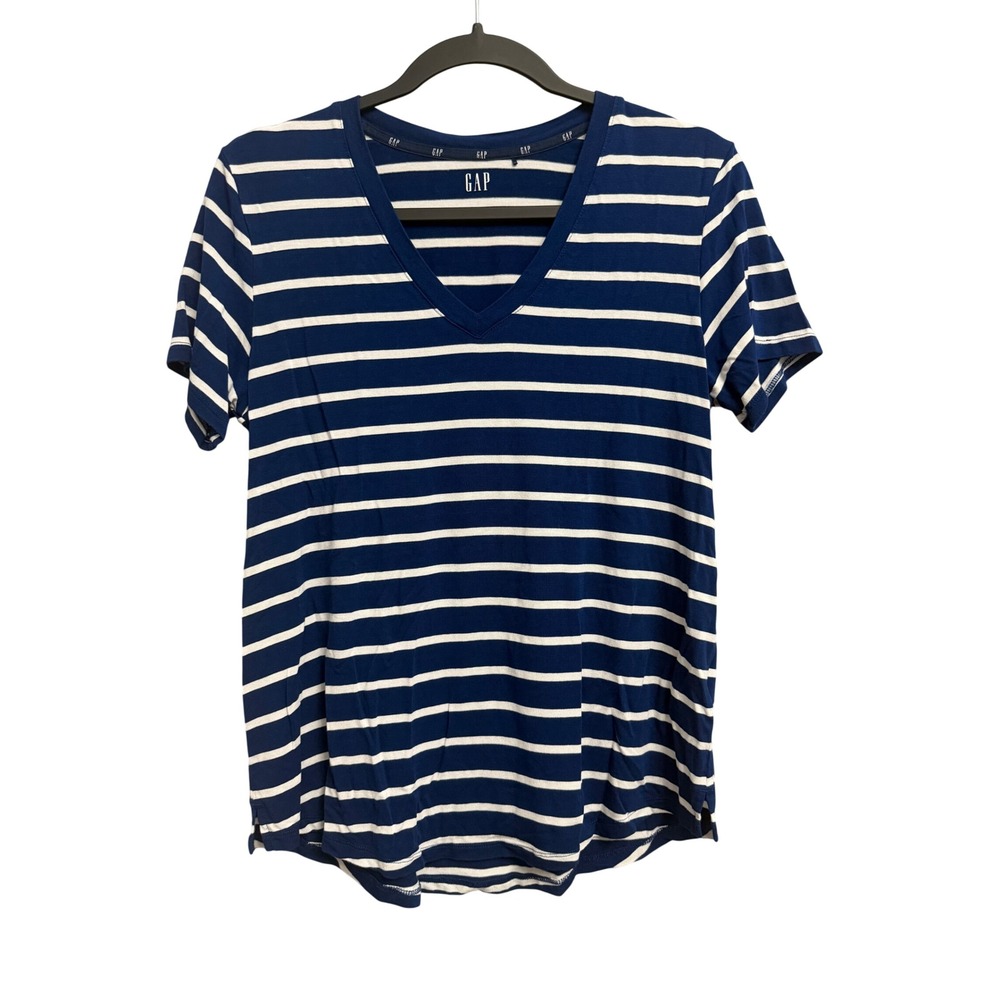 Gap Womens V-Neck Short Sleeve Striped T-Shirt Navy Blue White Small Nautical